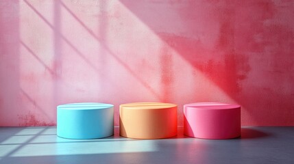 Three colorful cylindrical stools arranged in a modern interior with a pink wall and soft shadows