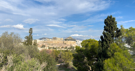 Fototapeta premium Athens, Greece. Parthenon, Acropolis hill and mount Lycabettus view from Philopappos hill