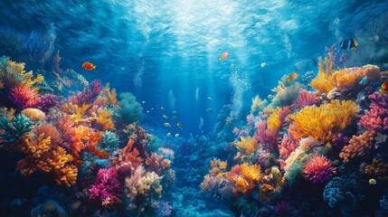 Obraz premium Vivid coral reef teeming with colorful marine life beneath the ocean surface