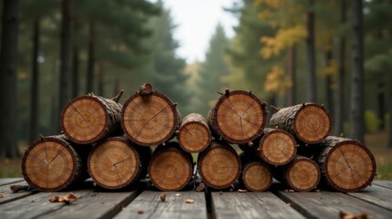 Stacked tree logs in a forest setting, showcasing the beauty of nature and the raw materials of wood.