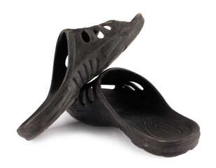 Old men's flip-flops in black on a white background