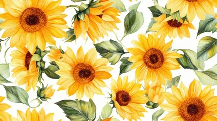 Mini sunflowers and green leaves pattern on white background, vibrant floral design, perfect for textiles and decorative projects