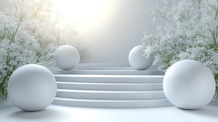 Serene white spheres on elegant steps surrounded by blooming flowers in a bright, tranquil setting
