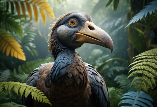 A Gastornis, an extinct bird, blends in with the foliage of a dense prehistoric jungle.
