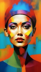 Obraz premium young woman port abstract painting geometric shapes lines style vibrant bright colors