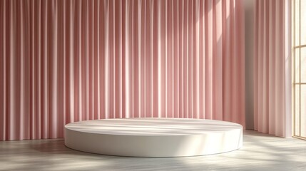 Modern minimalist studio space with a circular platform, soft pink curtains, and natural light streaming in