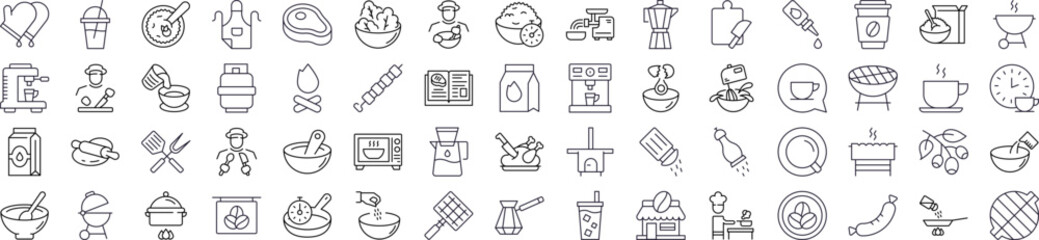 Collection of Kitchen, Food, Barbeque Related Line Icons. Outline Signs for Graphic and Web Design, Apps, Adverts, Various Cards