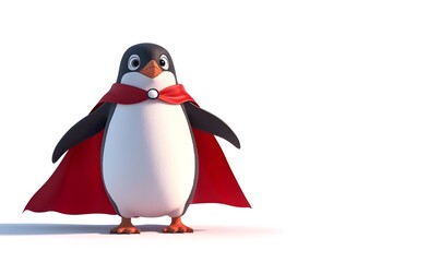 Obraz premium Cute cartoon penguin superhero in red cape.