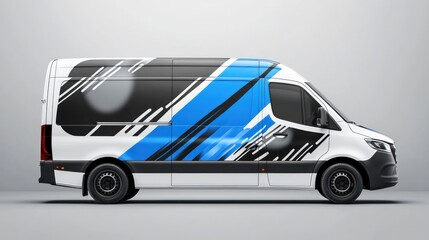 White van, blue graphic wrap, studio, advertising mockup