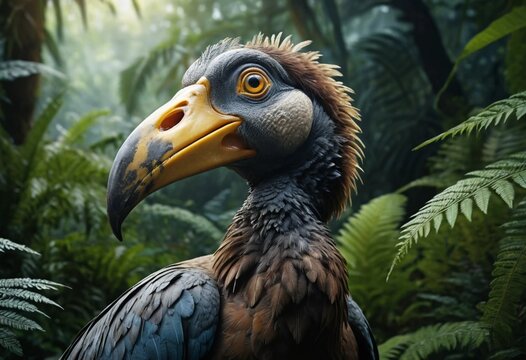 Detailed portrait of a Gastornis, an extinct flightless bird from prehistory.