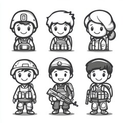six Icons about boys smiling face image in cute soldier costume, Line Art Style, Clear Background