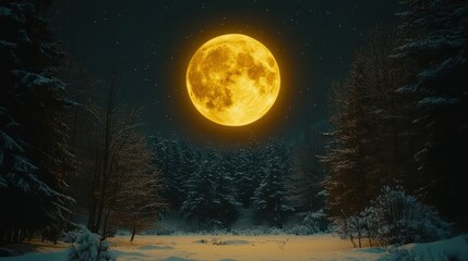 Giant moon over snowy forest at night
