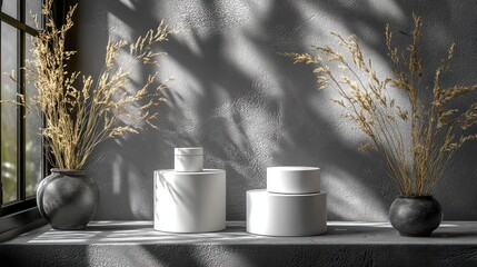 Minimalist interior scene featuring white cylindrical vases and dried flowers on a textured gray wall