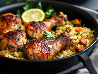 Grilled Chicken Drumsticks with Vegetable Rice in Black Skillet