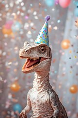 Dinosaur with birthday hat. A creative trendy idea for a children's party.