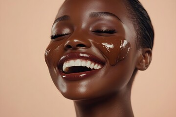 Portrait of black a smiling woman with powder on face. Beauty, Fashion, Make-up concept on beige-brown background.