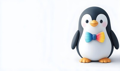 Fototapeta premium Cute cartoon penguin wearing a bow tie on white background.