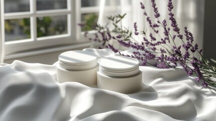 Two cream jars placed on a soft fabric with lavender flowers, illuminated by natural light from a window