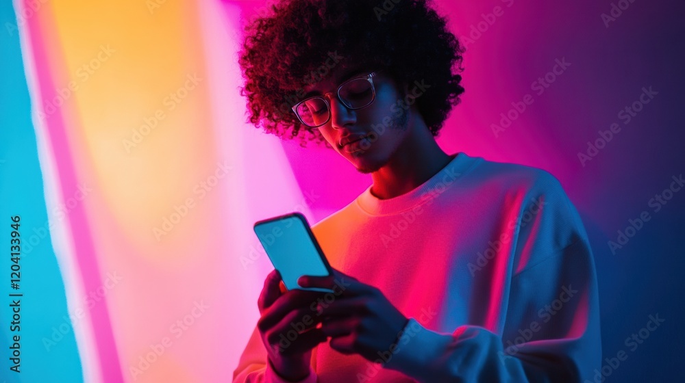 Poster young person using a smartphone in a brightly lit room with vibrant colorful lights at night. genera