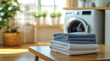 Neatly folded laundry on table with washing machine in cozy home laundry room