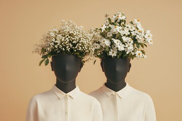 Persons with bouquet of white spring flowers on head. Beige mocha mousse minimal backgorund.