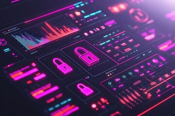 Obraz premium Futuristic Digital Interface with Security Locks and Data Visualizations in Neon Colors for Technology and Cybersecurity Themes