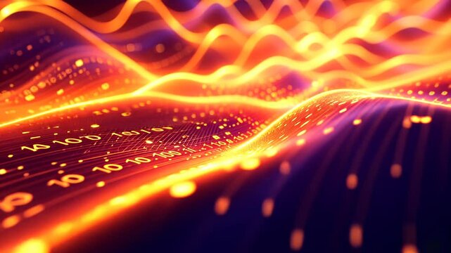 Abstract Digital Wave:  A fiery visualization of data streams and binary code, showcasing vibrant energy and technological innovation.
