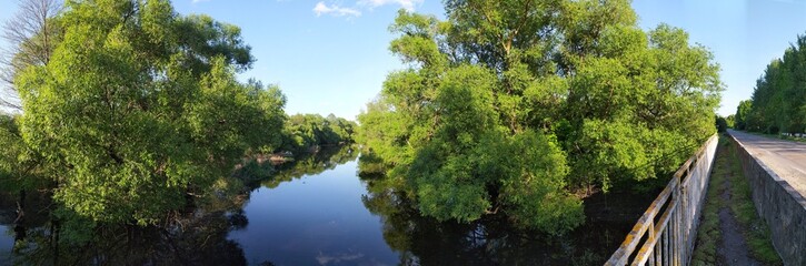 Panorama River landscape with trees and blue sky with white clouds on sunny summer day