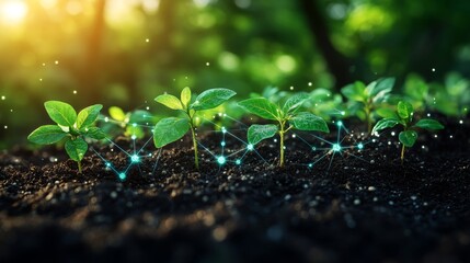 Futuristic digital network connecting growing plants in a green environment