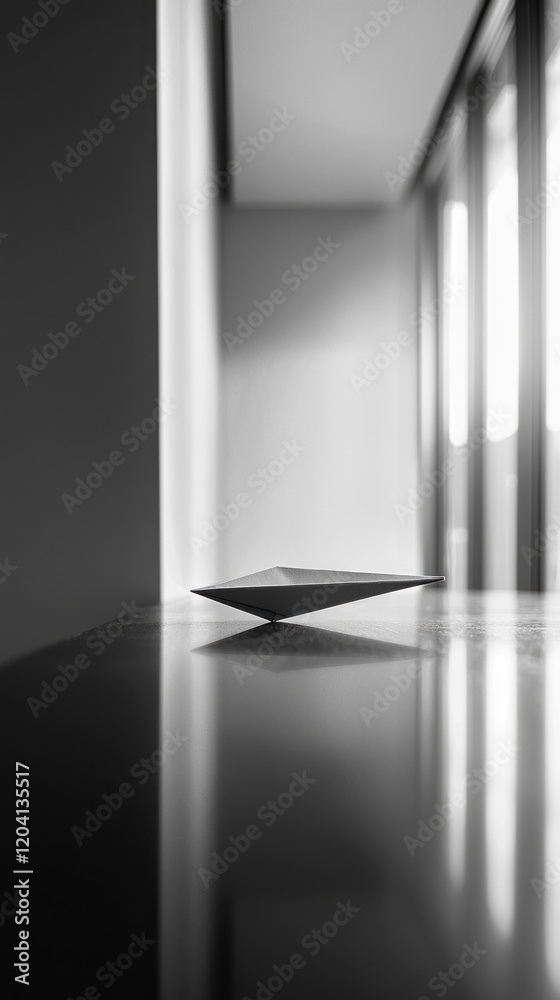 Poster Set against a backdrop of minimalistic elegance, a paper plane gently balances on a smooth desk. Soft light filters through large windows, creating a serene atmosphere that invites imagination