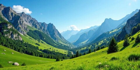Naklejka premium Serene Mountain Valley Landscape Lush Green Meadows, Majestic Peaks, and a Tranquil Atmosphere Under a Brilliant Summer Sky