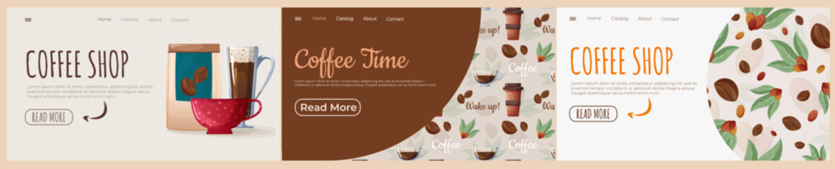 Three Homepage Templates with Vector Coffee Illustrations and Patterns. Creative Web Designs Featuring Hot Beverages and Coffee Plants.