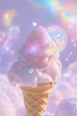 Ice cream in a cone with shine glitters and water foam.  Trendy abstact idea with pastel colors.
