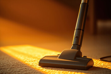 Image of a vacuum cleaner bathed in a warm golden light, soft, creating a luxurious atmosphere.