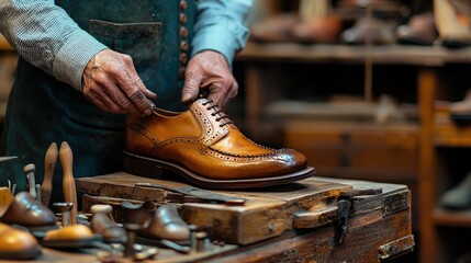 Skilled Cobbler Holding Polished Leather Shoe in Workshop Environment