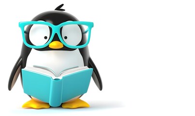 Obraz premium Cute cartoon penguin wearing glasses reading a book.