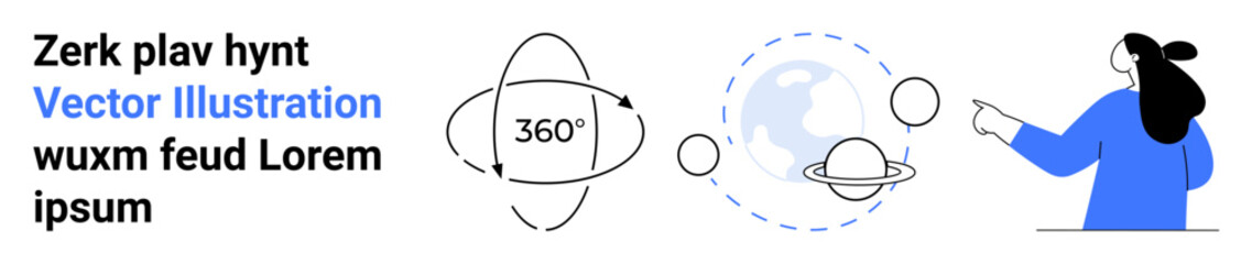 Planetary system with 360-degree orbit diagram and planets. Person pointing at globe. Ideal for educational materials, science presentations, astronomy blogs, space exploration projects, learning