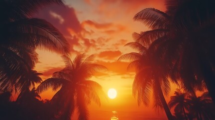 Obraz premium Tropical Sunset Palm Trees Silhouette Ocean View