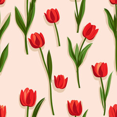 Obraz premium Red tulips scattered on pink with subtle stems looking vibrant and fresh