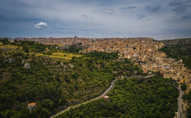 Aerial panoramic view of Ragusa, a UNESCO heritage town on Italian island of Sicily. June 2023