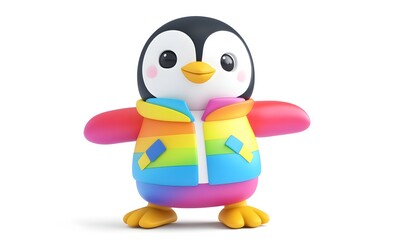 Obraz premium Cute cartoon penguin wearing rainbow jacket.