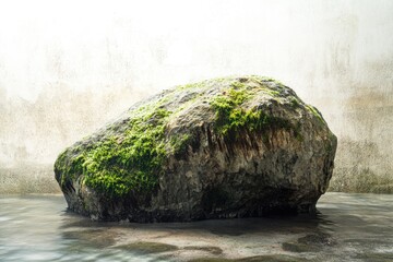 A mossy boulder rests serenely in shallow, flowing water against a textured wall.