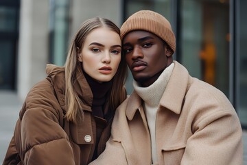Portraits of a couple of a woman and a man in winter clothes. Fashion concept in beige-brown color.