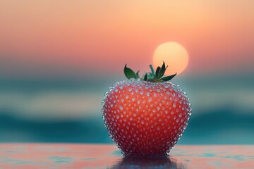Dew-covered strawberry at sunset, a vibrant and refreshing summer scene.