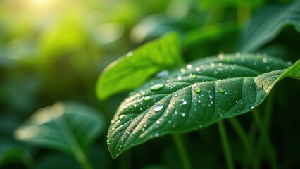 Close-Up of Vibrant Green Leaf with Dew in Morning Light


