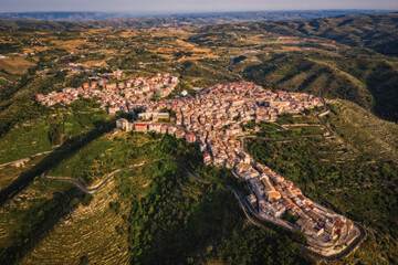 Italy, Sicily, Ragusa District, Monterosso Almo. June 2023. Amazing aerial panoramic piture from drone.