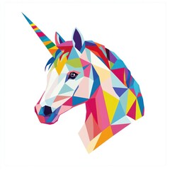 Obraz premium Colorful polygonal unicorn head, fantasy illustration, isolated on white background, possible use for children's merchandise
