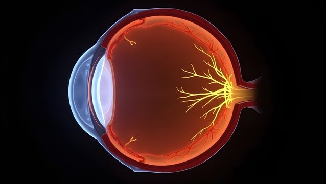 A glowing cross-sectional view of the human eye,  the optic nerve and blood vessels. Black background