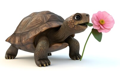Obraz premium Cute cartoon tortoise eating pink flower.