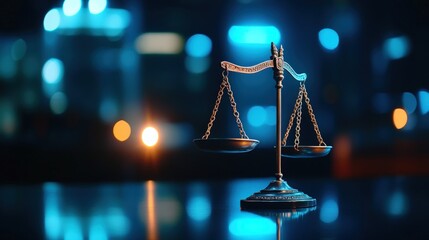Scales of Justice:  A Symbol of Balance and Law in the City's Glow